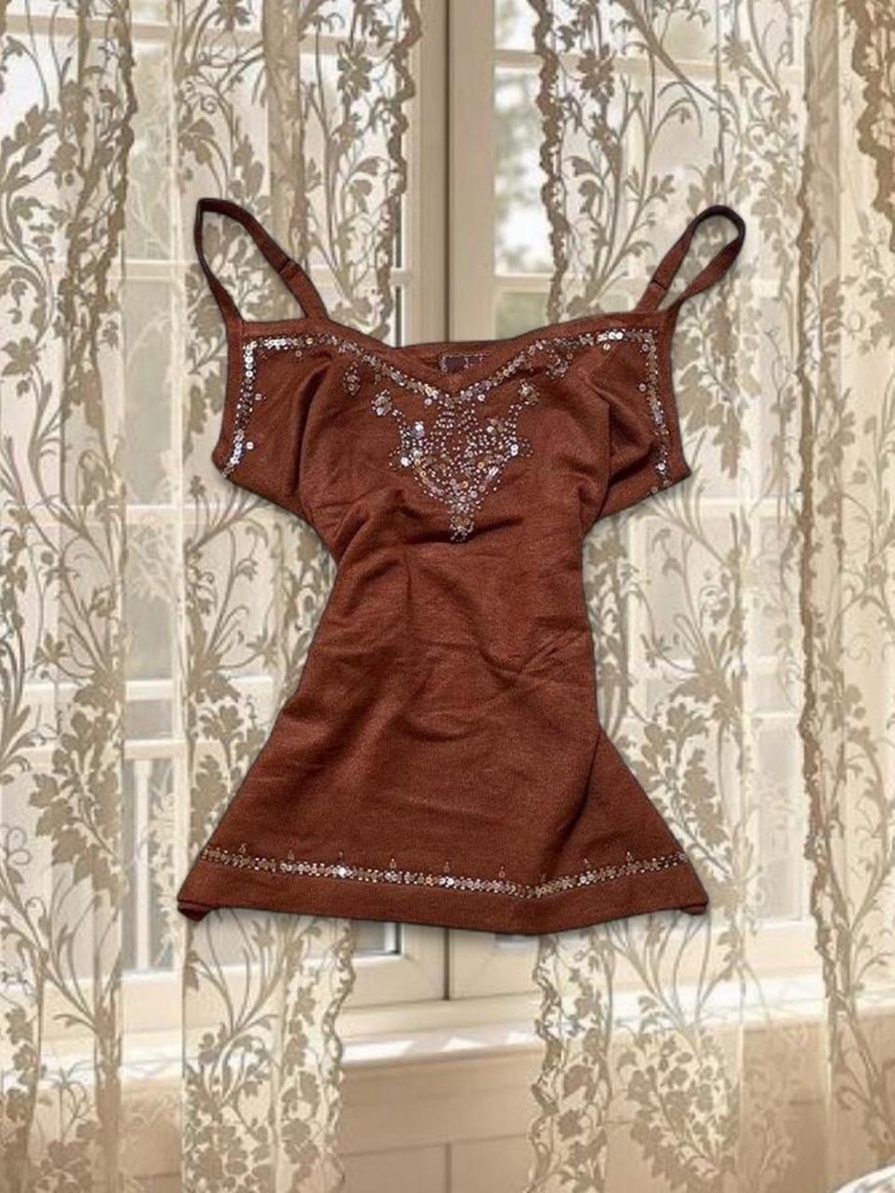 Vintage Y2K Deadstock Handmade Brown Fairycore Rhinestone Sequin Silk Top
